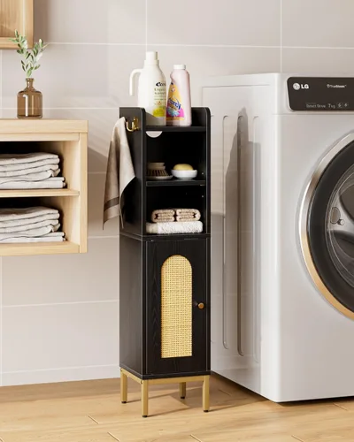 Miniatura 7 de Gabinete de Almacenamiento para Baño, Pequeño Mueble de Esquina de Piso con 2 Ganchos, Gabinete Estrecho para Papel Higiénico con Puerta de Ratán