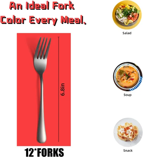 Miniatura 2 de Juego de 12 tenedores de cubiertos negros, tenedores de acero inoxidable, cubiertos de cocina para restaurante, hogar y cocina, vajilla esencial