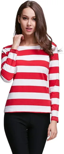 Miniatura 5 de HUHOT - Camiseta de manga larga para mujer, cuello de barco, rayas, ajuste relajado, camiseta de Navidad