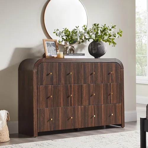 Miniatura 16 de T4TREAM Cómoda acanalada con 3 cajones, cómoda moderna de 32 pulgadas de alto con diseño de perfil curvado grueso, organizador de almacenamiento