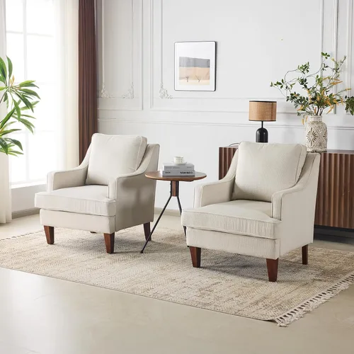 Miniatura 9 de VINGLI Juego de 2 sillas decorativas modernas de mediados de siglo, sillón tapizado beige, cómodos sillones de lectura, respaldo alto para sala