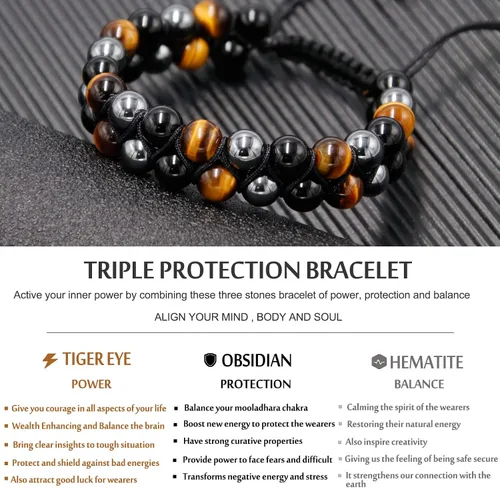 Miniatura 5 de HASKARE Triple Protection Bracelet, Genuine Tigers Eye Black Obsidian and Hematite 8mm Beads Bracelet for Men Women, Crystal Jewelry Stone Bracelets
