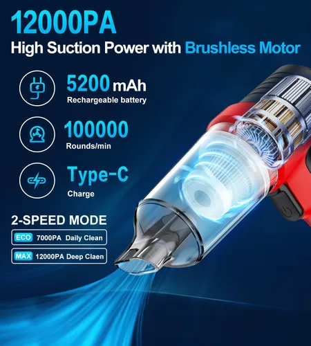 Miniatura 3 de Aspiradora portátil inalámbrica para automóvil, 4 en 1, mini aspiradora de alta potencia, 12000 Pa potente succión, plumero de aire, filtro doble