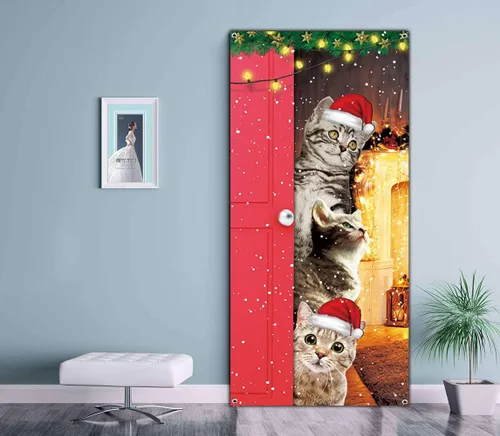 Miniatura 4 de Cubierta de Puerta de Gatos Lindos Feliz Navidad Banner Decoración de Gatos Divertidos para Puerta Delantera Pared Ventana Suministros de Fiesta