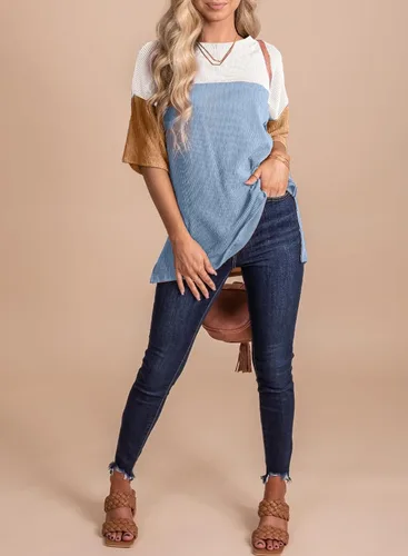 Miniatura 5 de EVALESS Camisetas de verano de manga corta con cuello redondo para mujer, bloque de color, ligeras