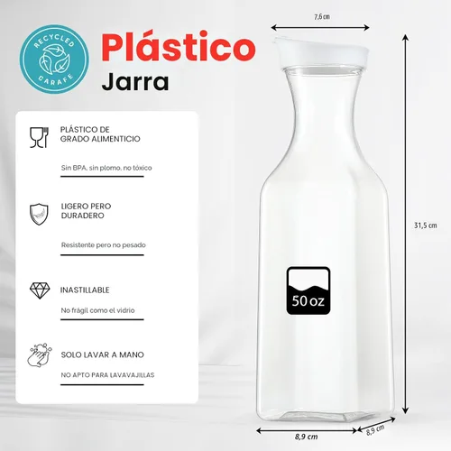 Miniatura 2 de NETANY Jarra de agua de plástico de 50 onzas con tapa abatible, juego de 2 recipientes de jugo de base cuadrada, jarra de plástico transparente