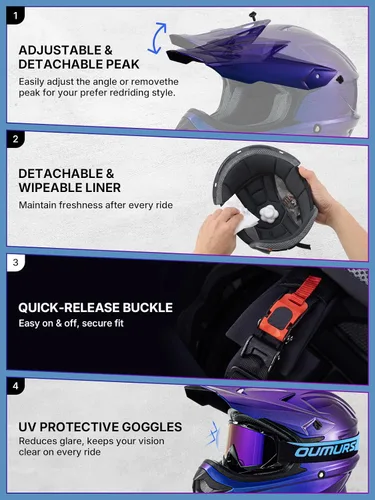 Miniatura 8 de OUMURS DOT Adult ATV Dirt Bike Helmet with Goggles Gloves & Mask Adjustable Sun Visor Motorcycle Adults Helmet Off-Road Motocross Downhill Moped MX