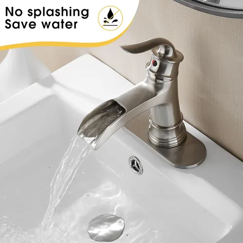 Miniatura 7 de FRANSITON Grifo de cascada para baño, una sola manija, un agujero, acabado de níquel cepillado, grifos de lavabo grandes (níquel cepillado)