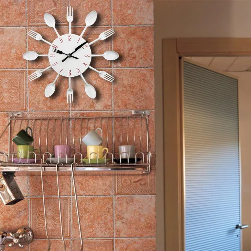 Miniatura 5 de Timelike Reloj de pared de cocina, 3D extraíble, moderno, creativo, cubiertos, cuchara, tenedor, reloj de pared, espejo, calcomanía de pared, Blanco