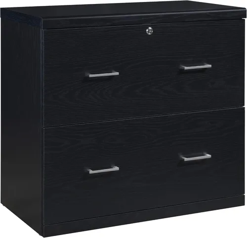 OSP Home Furnishings Alpine Archivador de 2 cajones con cajón superior de bloqueo y sistema de fijación de bloqueo, lateral, color negro