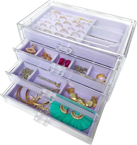 The TopCherry Organizador de joyas de acrílico con 4 cajones, organizador de aretes, caja de joyería transparente, anillos, collares, pulseras,