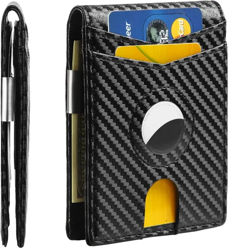 Huztencor AirTag - Cartera delgada para hombre con clip para dinero, bloqueo RFID, funda plegable para tarjetas de crédito para Apple Air Tag, Fibra