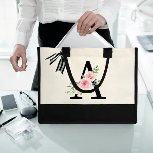 Miniatura 3 de Bolsa de lona personalizada con inicial para mujer, bolsa de playa con bolsillo interior con cremallera para bodas, cumpleaños, vacaciones