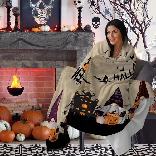 Miniatura 2 de Manta de gnomo de Halloween, manta de franela de forro polar, manta de murciélagos de Halloween con gato negro, ligera, acogedora, cálida, mullida