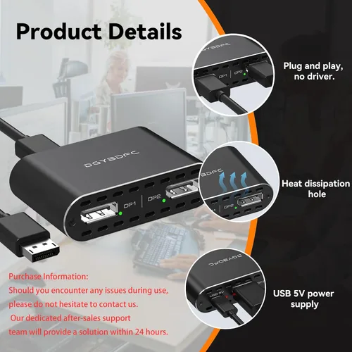 Miniatura 6 de Adaptador DisplayPort a Dual DisplayPort Dual 4K120Hz o 4K144Hz+4K60Hz Modo Extend/Copia/SST/MST a 2 DP Adaptador de puerto de pantalla para 2
