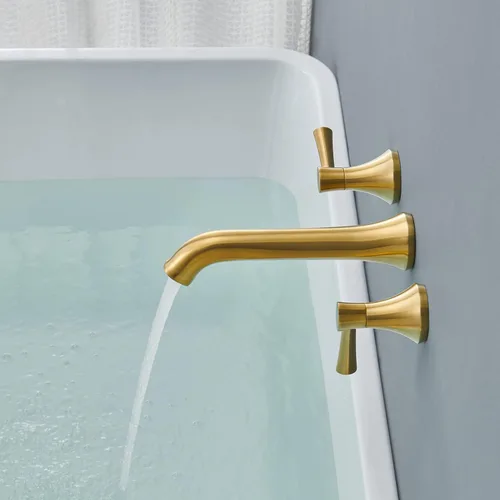Miniatura 8 de Llenador de bañera romano de montaje en pared, grifos de bañera de latón dorado cepillado con 2 asas