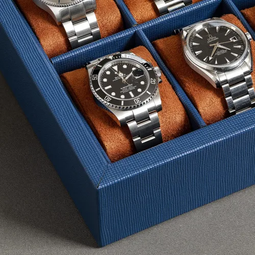 Miniatura 6 de ROTHWELL Caja de reloj de cuero con 10 ranuras, organizador de joyas de lujo, soporte para reloj con tapa de cristal grande, organizador de caja