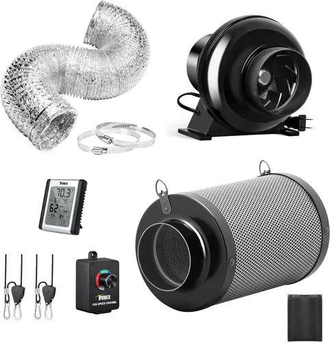 Miniatura 10 de iPower Ventilador de escape en línea de 4 pulgadas 195 CFM, filtro de carbono de aire con gancho, conducto flexible de 8 pies, colgador de cuerda