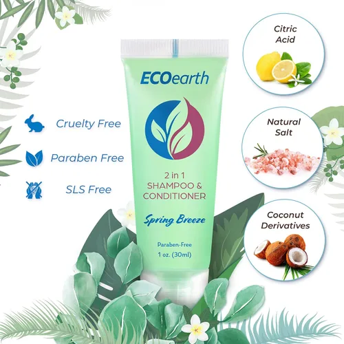 Miniatura 2 de EcoEarth Champú acondicionador de tamaño de viaje 2 en 1 (1 onza líquida, 100 unidades, brisa de primavera) deleita a tus invitados con champú