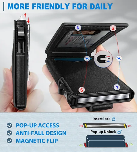 Miniatura 3 de miyozi Airtag - Cartera para hombre con clip para dinero, 9 tarjetas, con ventana de identificación, bloqueo RFID, funda de metal, cierre magnético