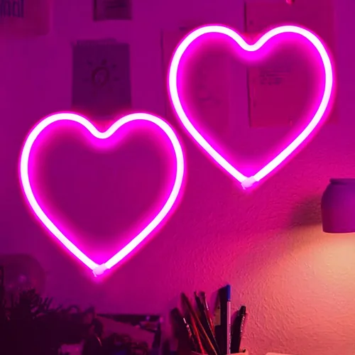 Paquete de 2 letreros de neón de corazón rosa, luces de corazón de neón a pilas o alimentadas por USB para decoraciones del día de San Valentín,