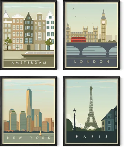 HAUS AND HUES Juego de 4 pósteres de viaje vintage de Londres, Nueva York, póster de pared de París y decoración de pared de la ciudad de Ámsterdam