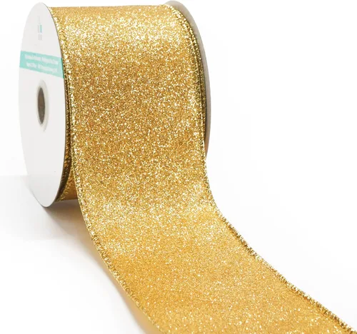 Miniatura 16 de Cinta de alambre con purpurina de 1,5" x 10 yardas dorada (oro champán) para decoración navideña del hogar, arcos, envoltorios de regalos