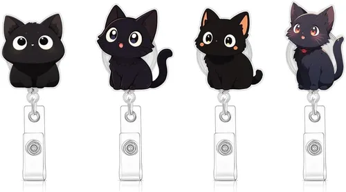 Lindo Carrete de Insignia de Gato Negro, Divertido Soporte de Carrete de Insignia de Gato - Etiqueta de Identificación con Clip para Cinturón,