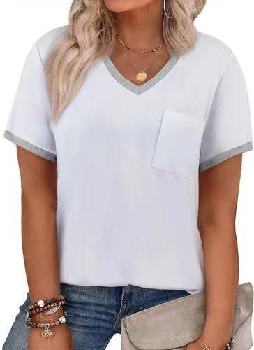 Eytino Blusas de talla grande para mujer, cuello en V, manga corta, a rayas, casual, holgada, con bolsillo (1X-5X)