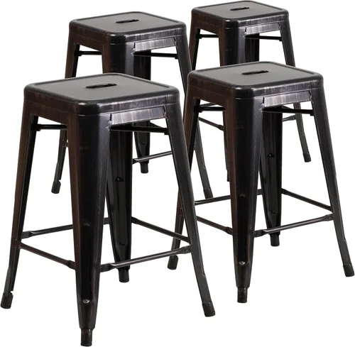 Miniatura 34 de Taburete de 24 pulgadas de alto para interior y exterior con asiento cuadrado., Metal, Negro