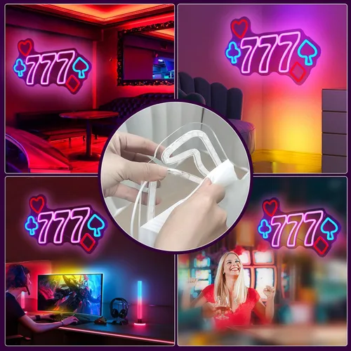 Miniatura 2 de Señales de neón del Casino 777 para decoración de pared, señal de luz LED rosa para decoración de sala de póker, señal iluminada para decoración