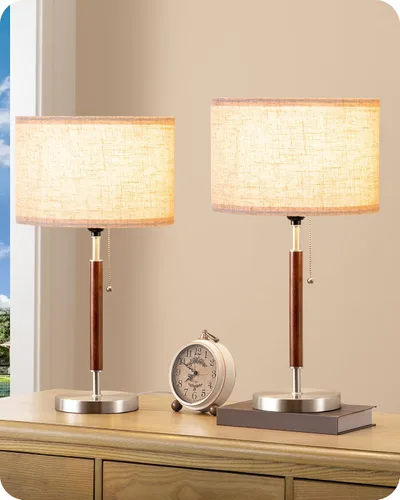 Miniatura 9 de EDISHINE Juego de 2 lámparas de mesa de mediados de siglo, lámpara de noche con interruptor de cadena, pantalla de lino, poste de madera maciza