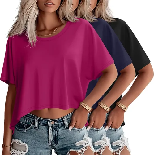 Miniatura 19 de Huukeay Paquete de 3 camisetas recortadas de gran tamaño para mujer, manga corta, holgadas, cuello redondo, holgadas, para entrenamiento