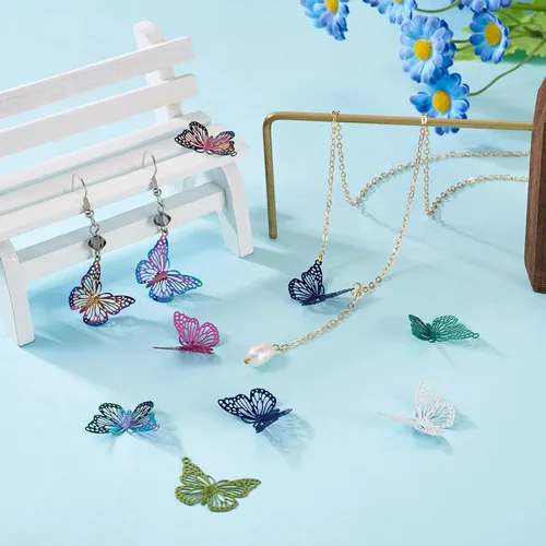 Miniatura 3 de Pandahall - 48 colgantes de acero inoxidable con diseño de mariposa y filigrana de colores, dijes de mariposa de animales, adornos de metal grabado