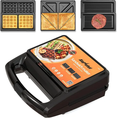 Miniatura 10 de Sunvivi Sandwich Maker Panini Press: waflera con placas extraíbles, prensa para sándwiches 3 en 1 con placas antiadherentes, luces indicadoras