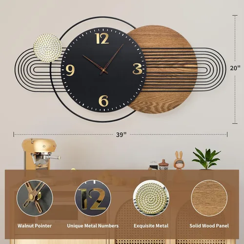 Miniatura 2 de Reloj de pared Anmotpe moderno, operado con batería, grandes relojes negros de metal y madera, estilo retro, reloj de pared grande de metal