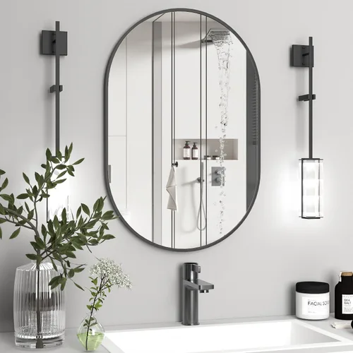 Espejo ovalado de baño, espejo de tocador de pared con cápsula, espejo de píldora de 24 x 36 pulgadas, espejo grande y moderno con marco de metal