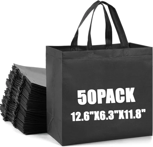 Miniatura 10 de 50 piezas de bolsas de compras reutilizables de tela no tejida, bolsas grandes plegables tipo tote con asas, bolsa de mano para comestibles a granel