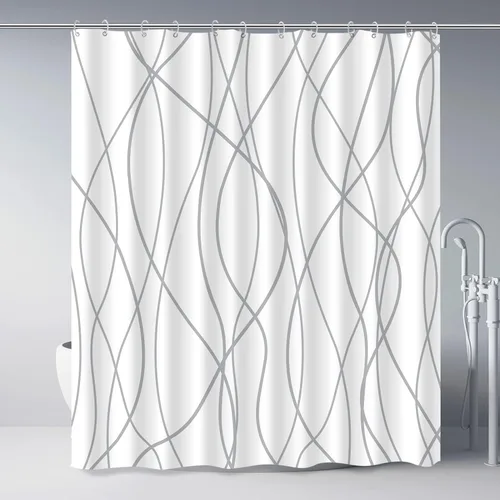 Miniatura 37 de Juego de cortinas de ducha azul egeo para baño con ganchos, cortinas de baño decorativas repelentes al agua y lavables con rayas blancas, 72 x 72