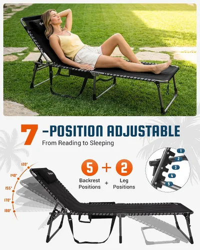 Miniatura 8 de KingCamp Silla bronceadora de gran tamaño, extra ancha, acolchada, plegable, portátil, ajustable, 5 posiciones, 440 libras, tumbona resistente