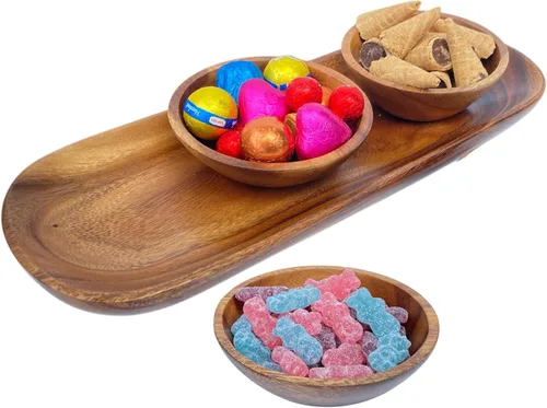 Miniatura 12 de Juego de ensaladera de madera de acacia – 9” Cuenco redondo artesanal con 2 servidores de madera, vajilla rústica y duradera para ensaladas, frutas