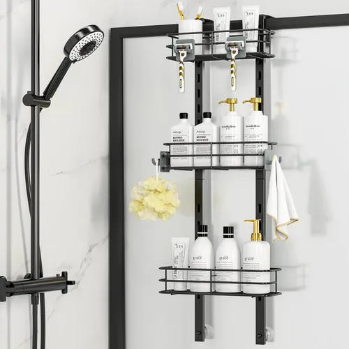 ODesign Organizador de ducha sobre la puerta, organizador colgante ajustable de 3 niveles con 4 ganchos, organizador de baño a prueba de óxido con