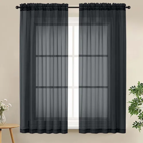 Miniatura 44 de LIVEKID Cortinas traslúcidas negras de cocina de 36 pulgadas de largo, cortinas cortas filtrantes de luz, 2 paneles de gasa aireada, texturizadas