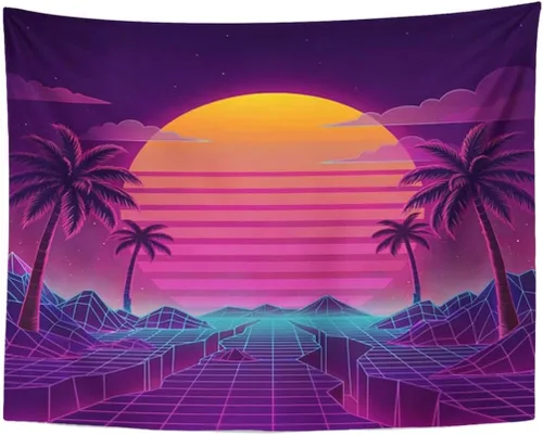 TOMPOP Tapiz retro futurista de neón paisaje de los años 80 digital Cyber 80S Party Sci Decoración del hogar para colgar en la pared para sala de