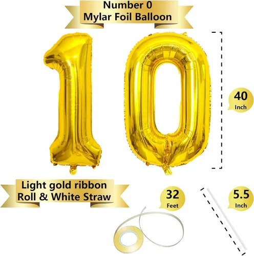Miniatura 2 de SINBEE Globo dorado del número 10, papel de aluminio Mylar de 40 pulgadas, decoración de fiesta reutilizable para cumpleaños, aniversario, Oro