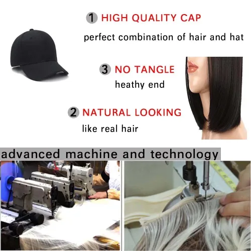 Miniatura 4 de Extensiones de cabello sintético Bobo corto con gorra de béisbol negra de 9 pulgadas, peluca con gorro de cabello negro y marrón para mujer, peluca
