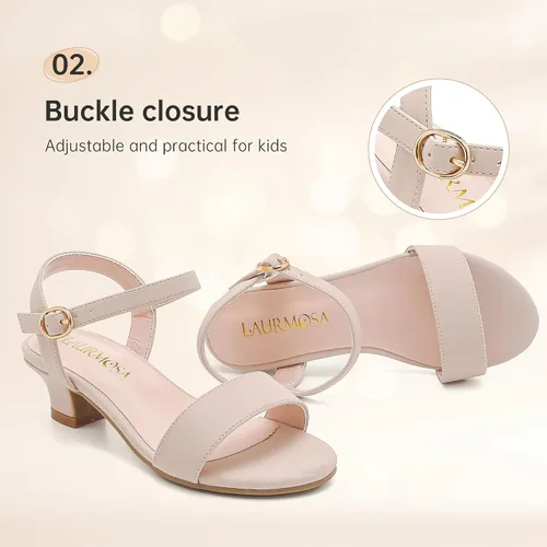 Miniatura 4 de Sandalias de tacón bajo para niñas, zapatos de vestir para bodas, fiestas, verano, puntera abierta, correa de tobillo para niños pequeños y grandes