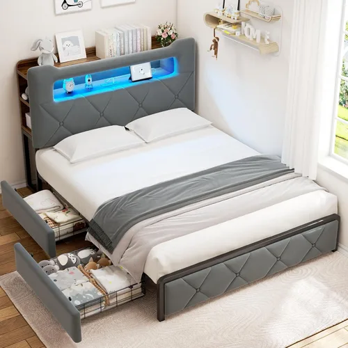 Base de cama LED tapizada tamaño Queen con 2 cajones de almacenamiento y cabecera de almacenamiento de 2 niveles, cama de plataforma de terciopelo