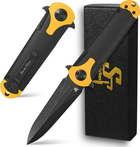 Miniatura 8 de Sitivien ST158 - Cuchillo de bolsillo plegable, chapado en titanio, hoja de acero DC53 lavado a la piedra negra con mango G10, cuchillo