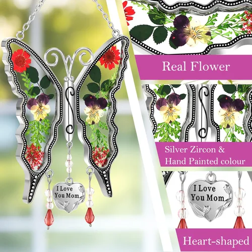 Miniatura 4 de KY &BOSAM - Adorno de mariposa atrapaluz para regalo de mamá, con la frase "I Love You Mom". Vitral para colgar en la ventana, carillón de viento
